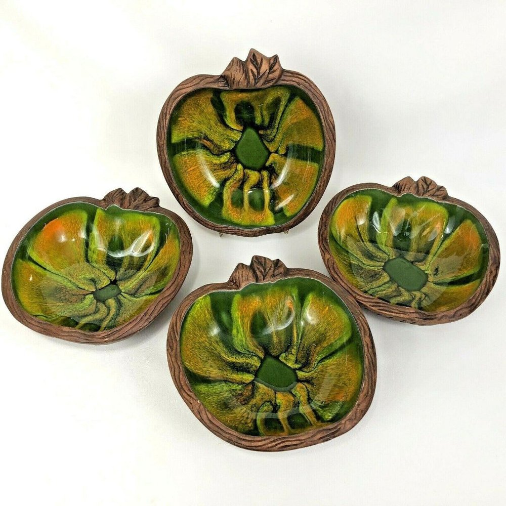 4 Sequoia Ware Apple Bowls Art Pottery California Green Orange Brown 801B USA